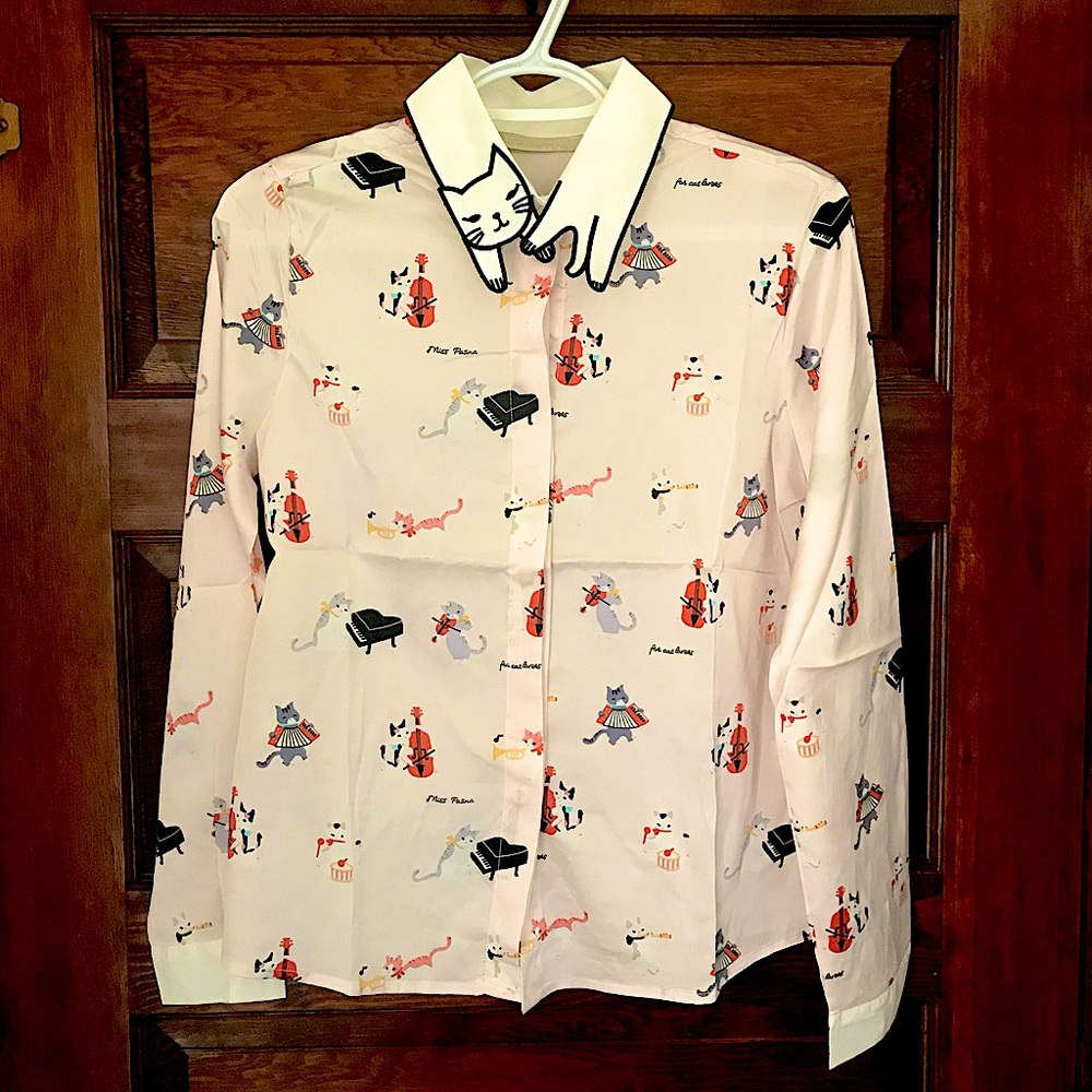 NWOT Musical Cats with Cat Collar Top/Blouse - Sz MED - Ylim Studio Miss Patina